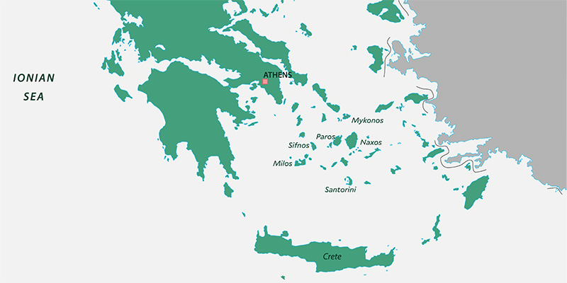 A map graphic showing the Greek Islands