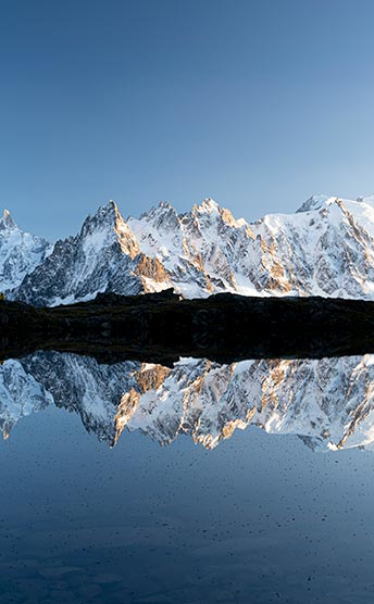Reflection of snowy peaks on a lake