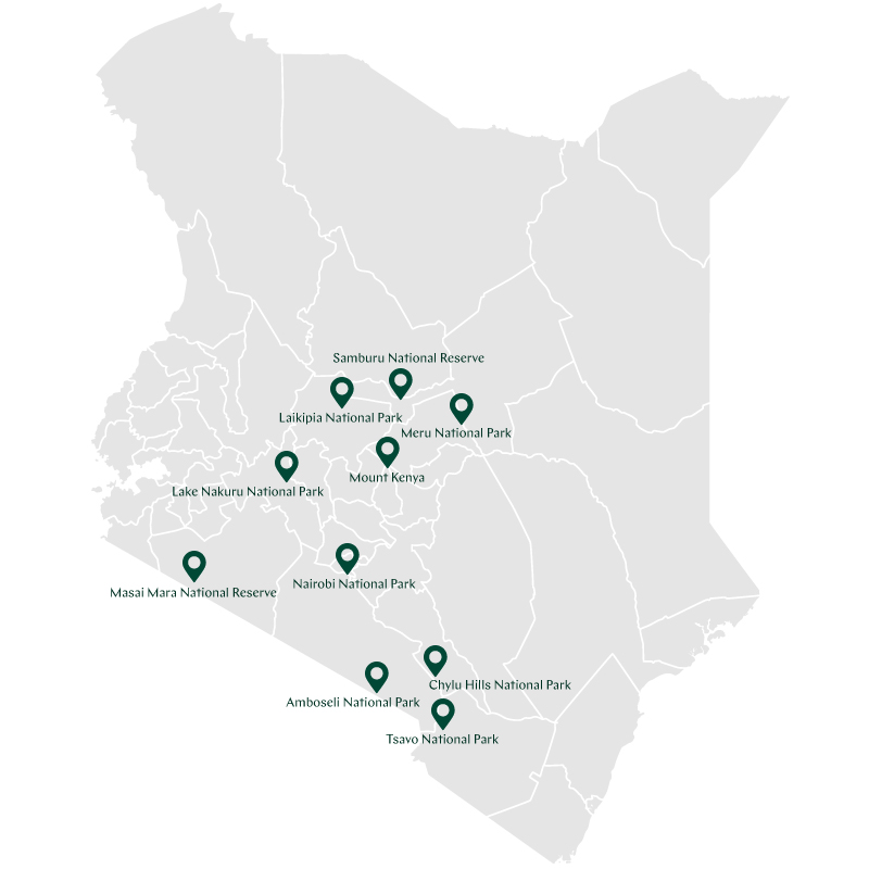 A map of Kenya with the relevant parks located