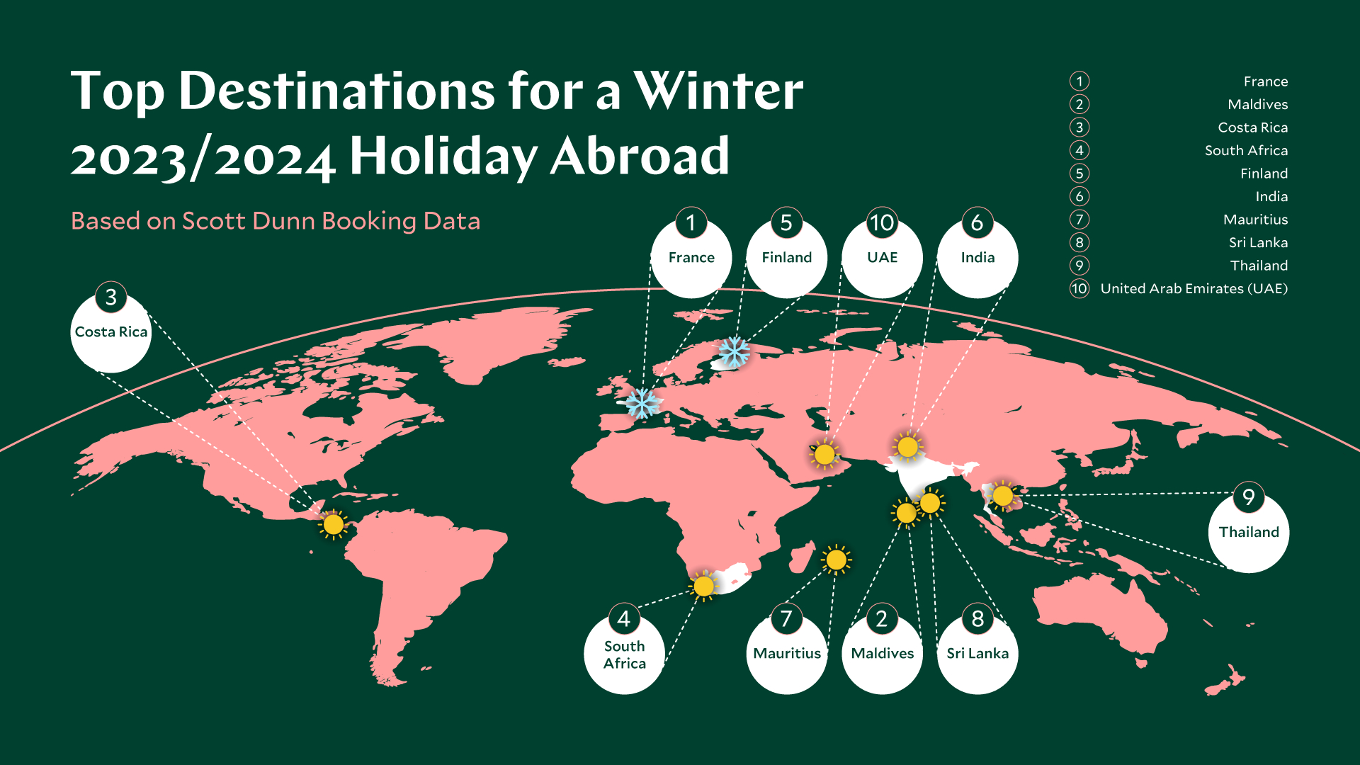 Map of top destinations for Winter Holidays 2023/2024