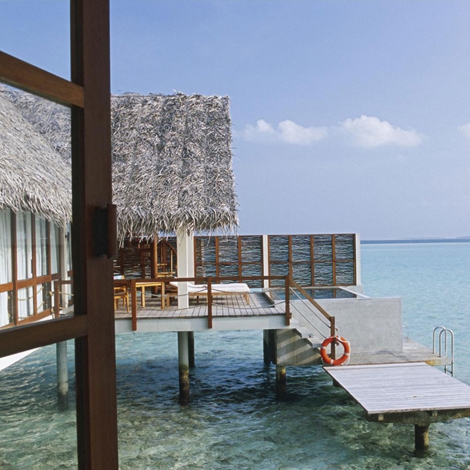 View of ocean from overwater villa at Four Seasons, Maldives