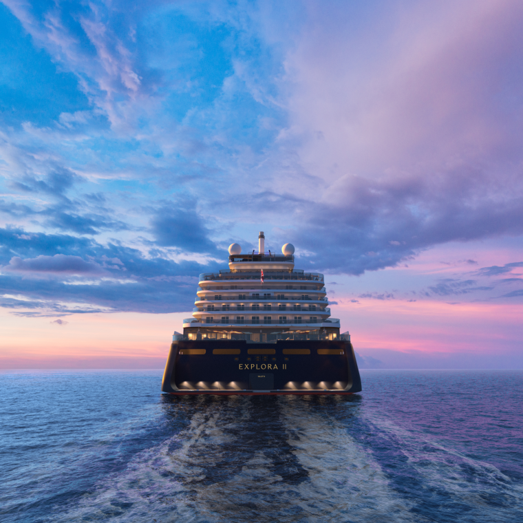 Exterior view of the Explora cruise during sunset